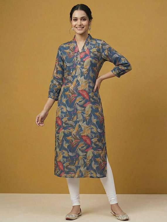 women blue viscose straight kurta