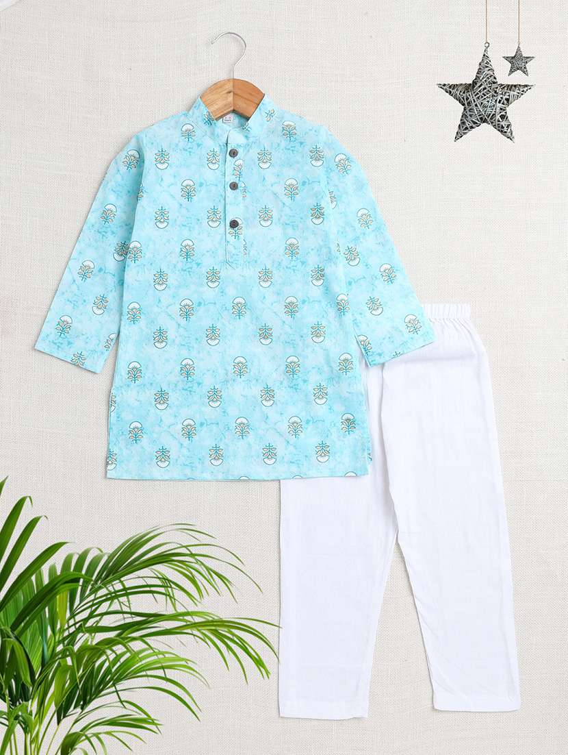 boys printed mandarin neck kurta pyjama set