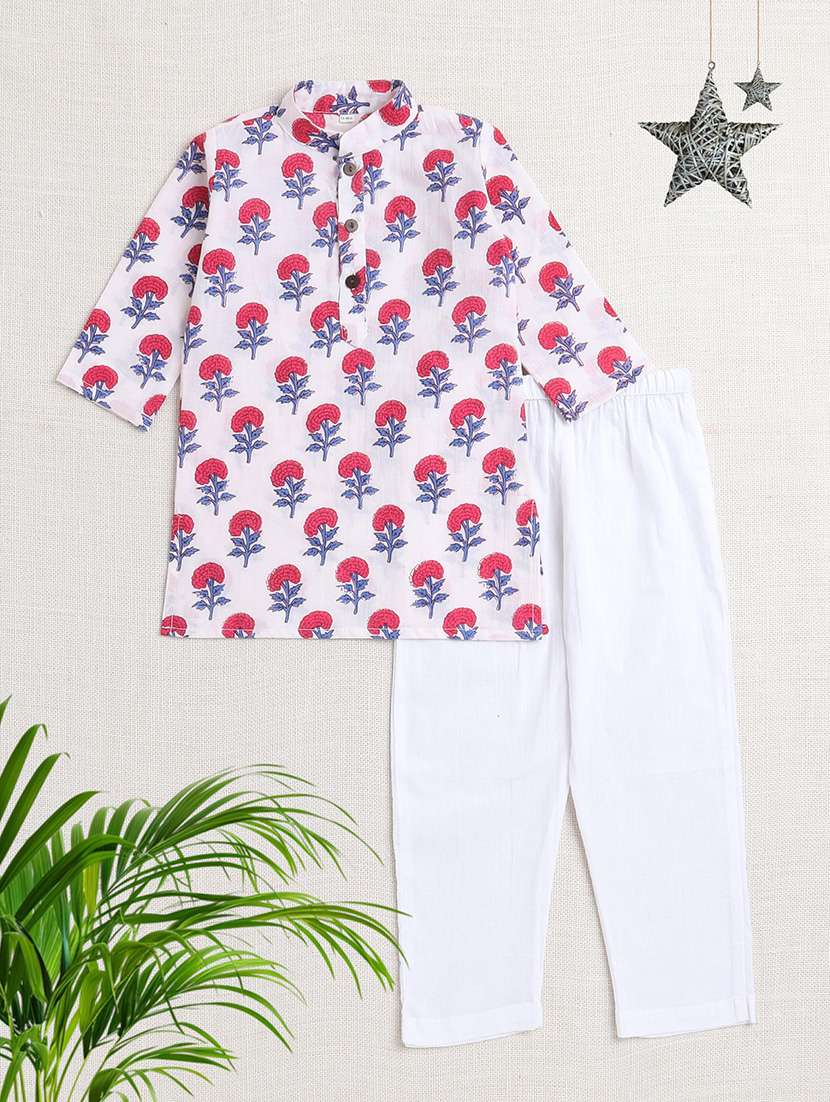 boys printed mandarin neck kurta pyjama set
