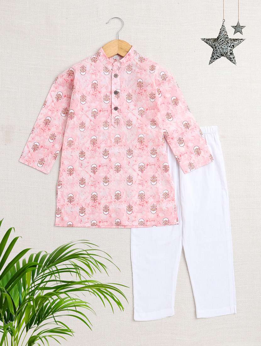 boys printed mandarin neck kurta pyjama set