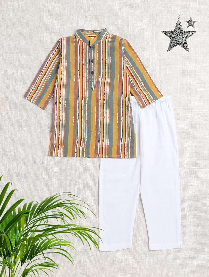 boys striped mandarin neck kurta pyjama set