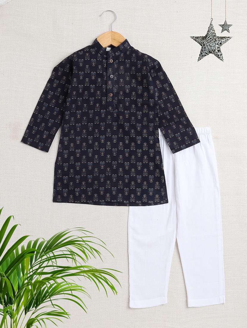boys printed mandarin neck kurta pyjama set