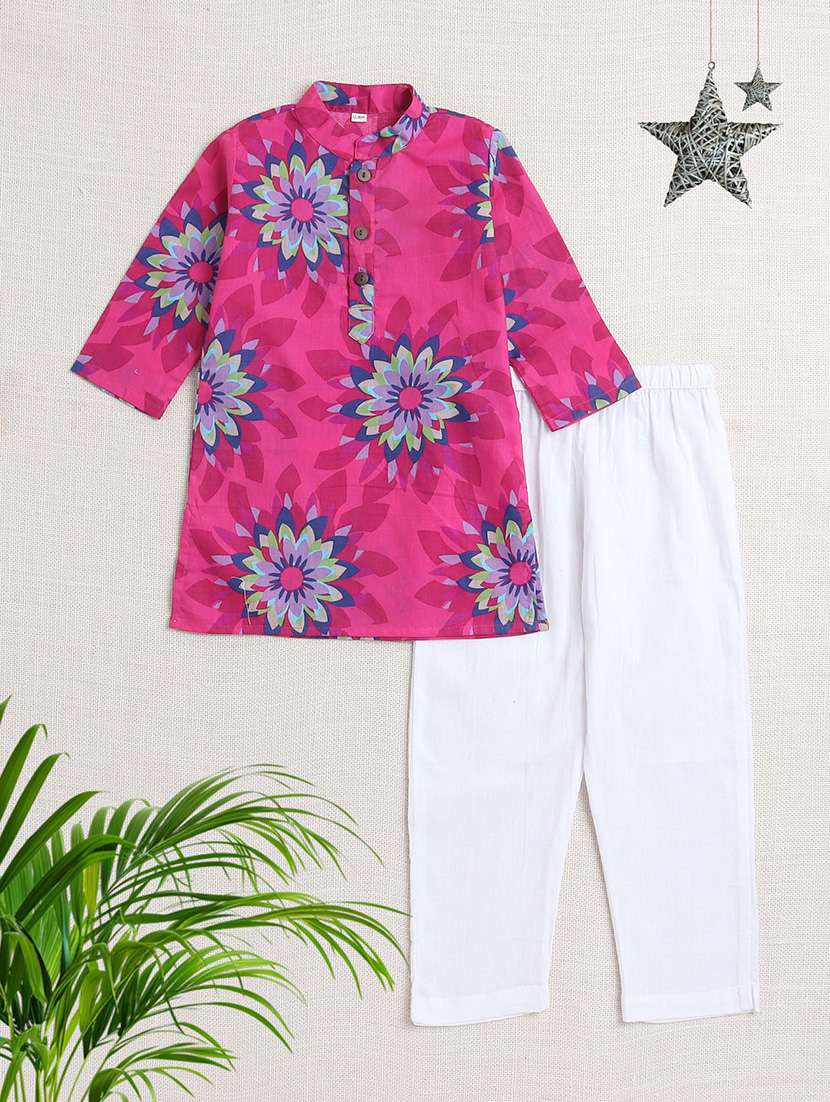 boys printed mandarin neck kurta pyjama set