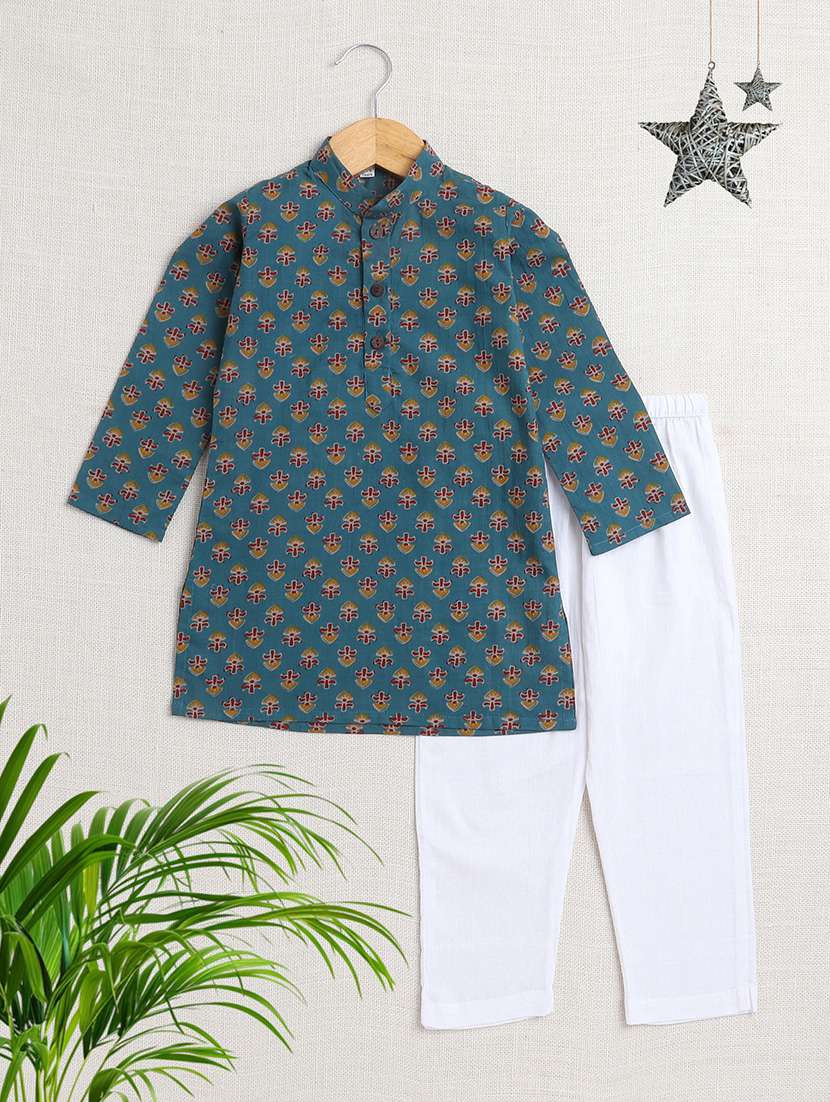 boys printed mandarin neck kurta pyjama set