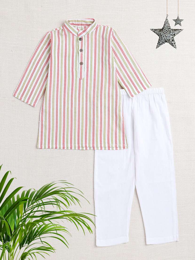boys striped mandarin neck kurta pyjama set