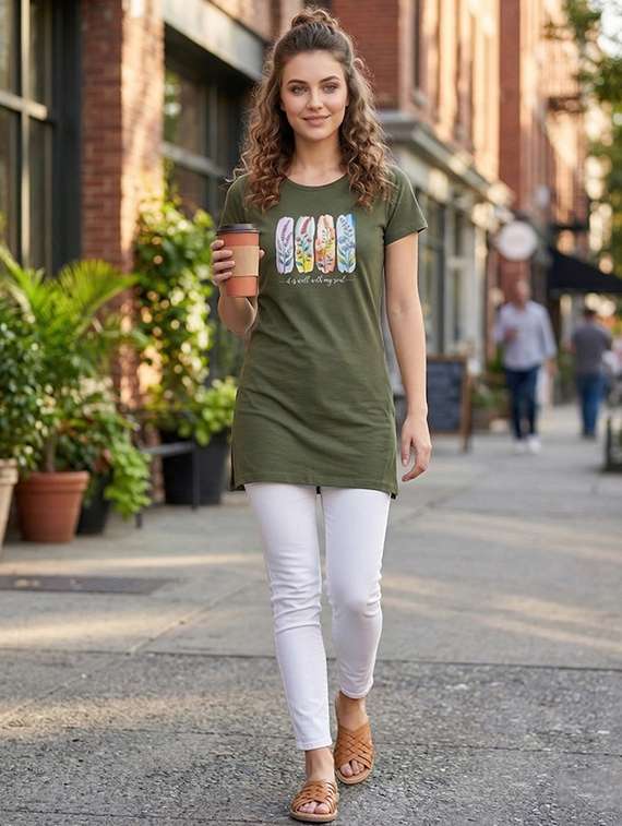 women olive cotton blend regular t-shirt