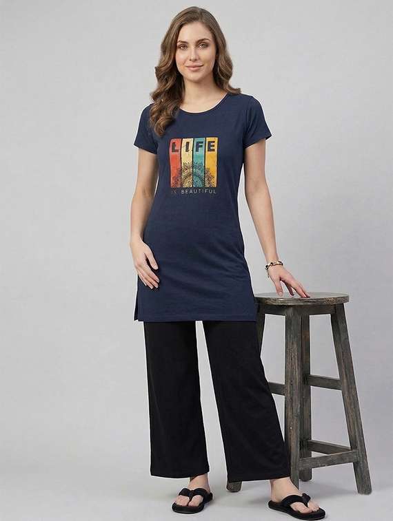 women navy blue cotton blend regular t-shirt