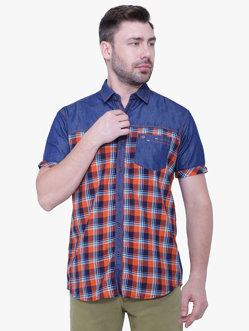 men checkered short sleeve regular fit casual shirt