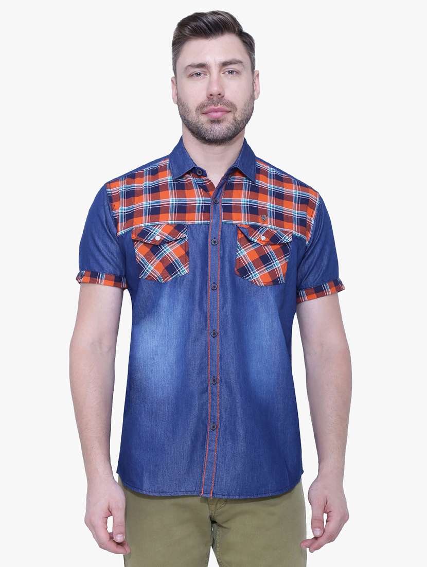 men checkered short sleeve regular fit casual shirt