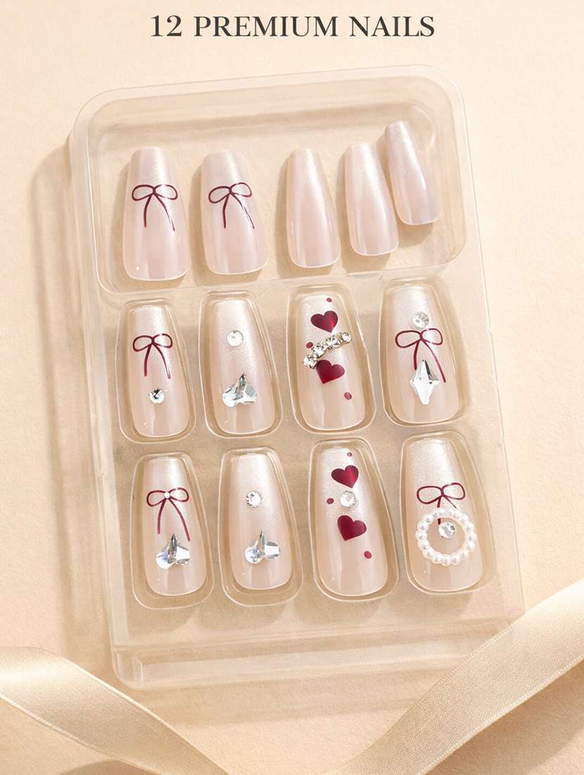 stick-on artificial nails set of 12 with rhinestone & heart design