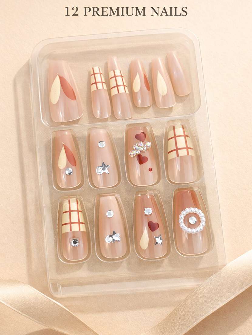  nude glossy stick-on artificial nails set of 12 with rhinestone & star design