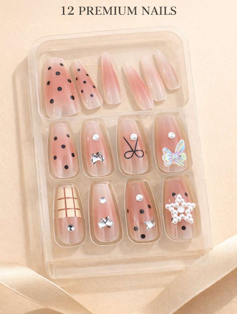 pink ombre stick on artificial nails set of 12 with butterfly pearl rhinestone design