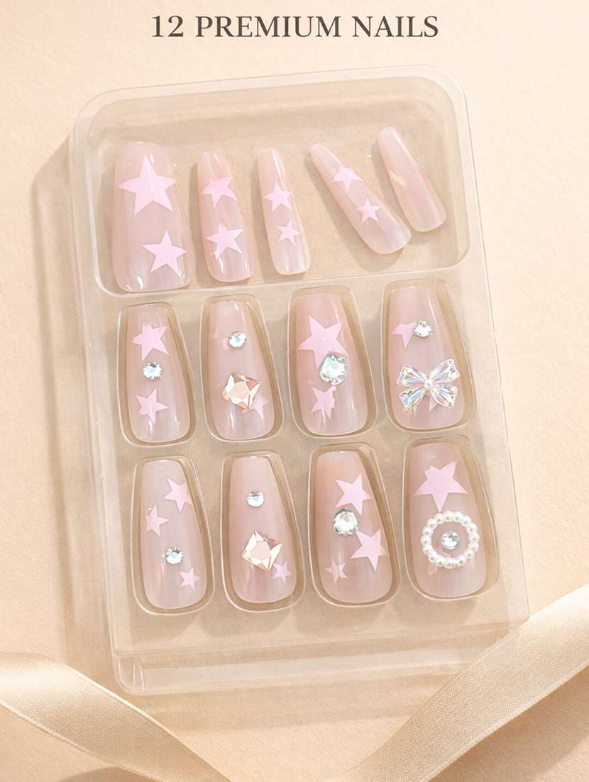 nude pink star design stick on artificial nails set of 12 with rhinestone & butterfly charm