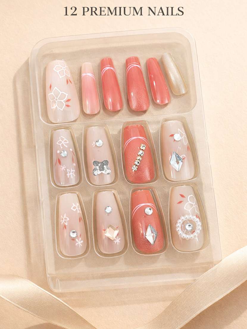 floral rhinestone press on nails set of 12 with nail stickers