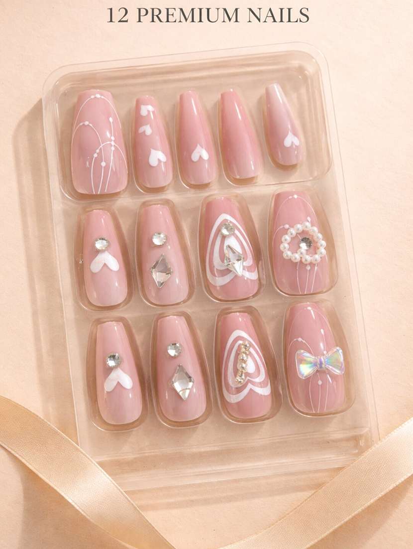  pink heart design press on nails set of 12 with nail stickers