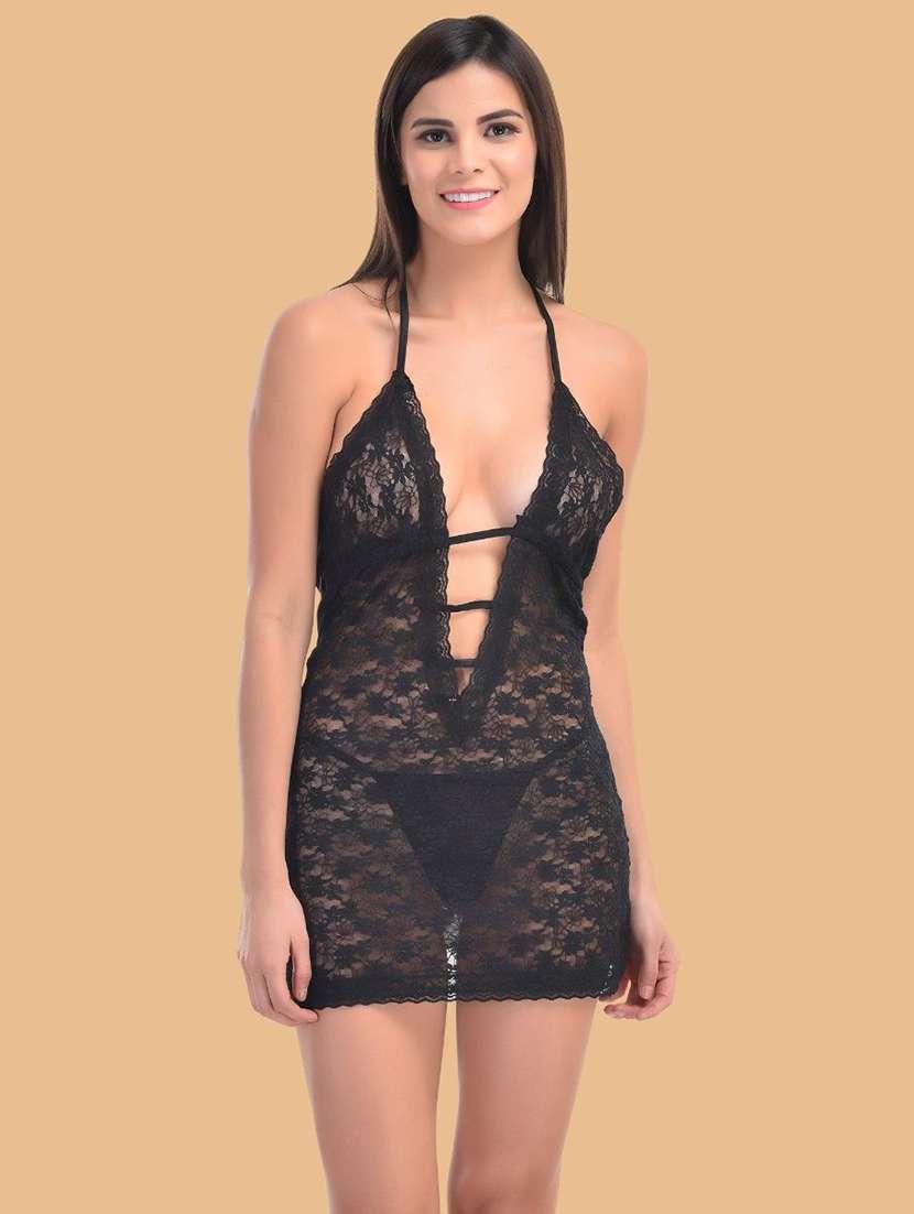 women solid black nylon camisole