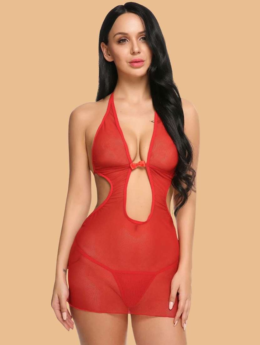 women solid red nylon camisole