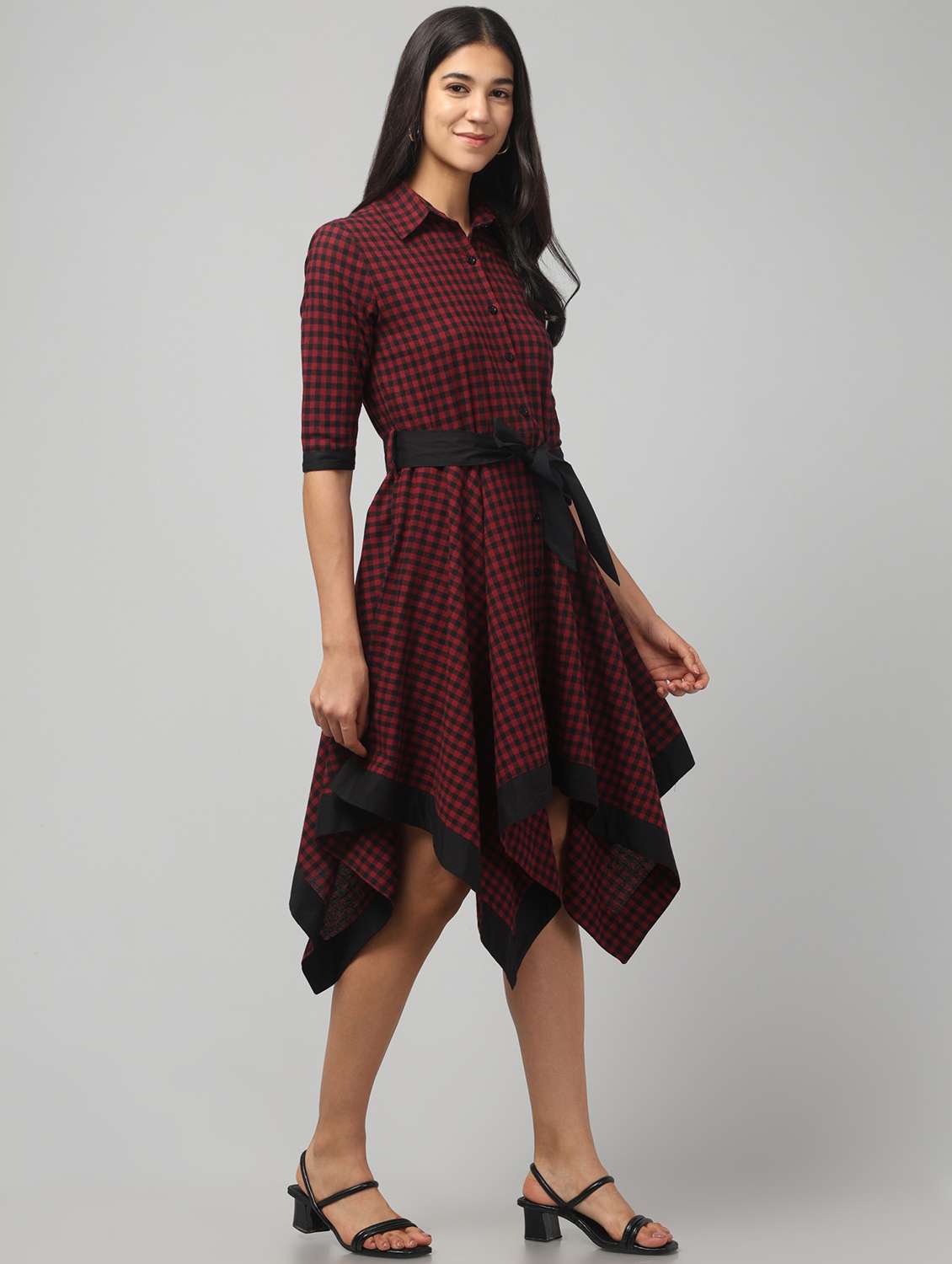 women checkered collared asymmetric dress - 22451704 -  Standard Image - 3