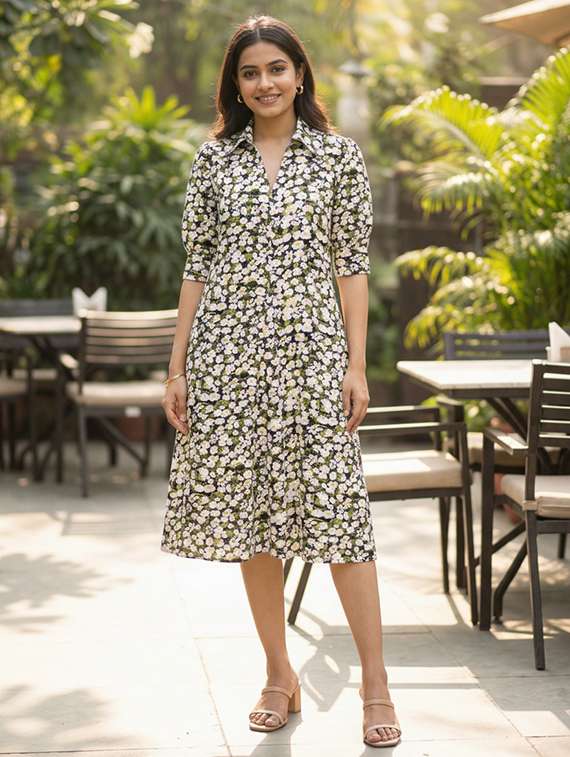 women floral puff sleeve shirt dress