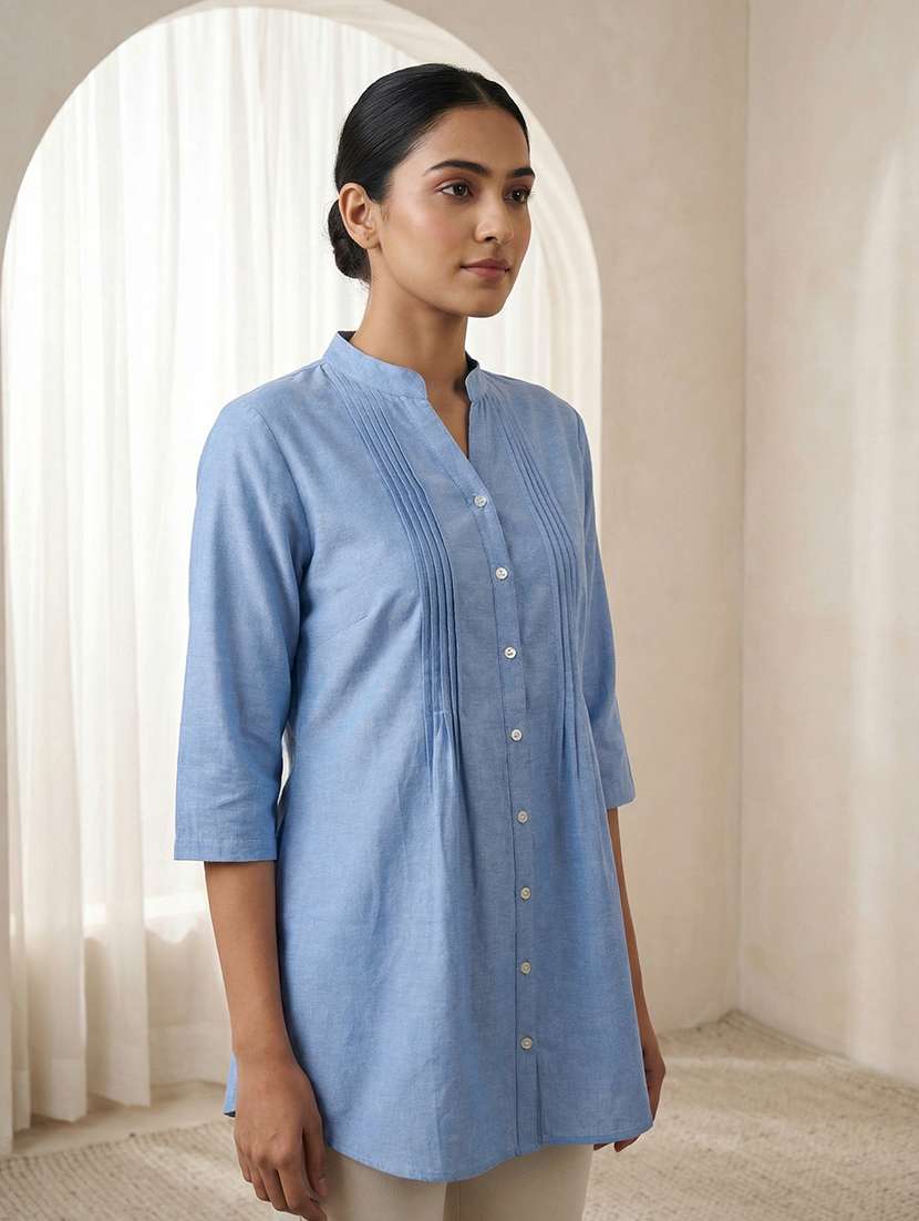 women solid three quarter sleeve a-line tunic - 22451718 -  Standard Image - 3