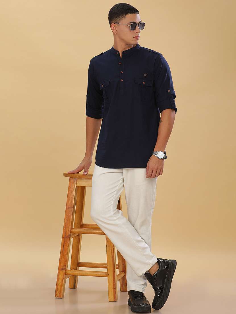men solid mandarin neck short pathani kurta - 22451763 -  Standard Image - 5