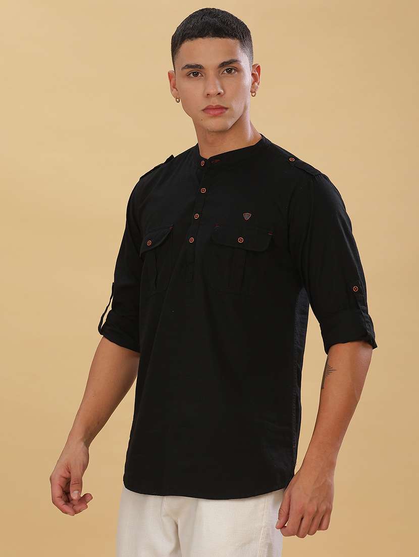 men solid mandarin neck short pathani kurta - 22451764 -  Standard Image - 3