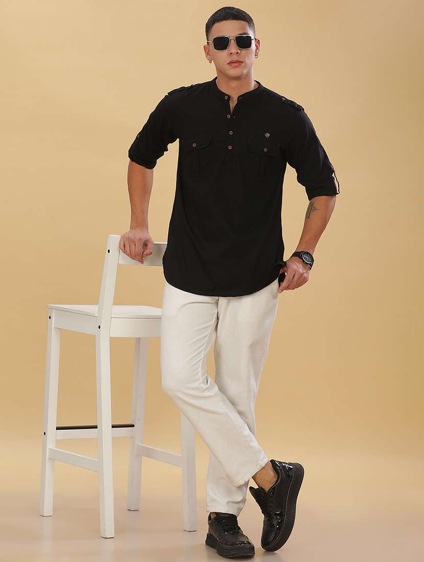 men solid mandarin neck short pathani kurta - 22451764 -  Standard Image - 5