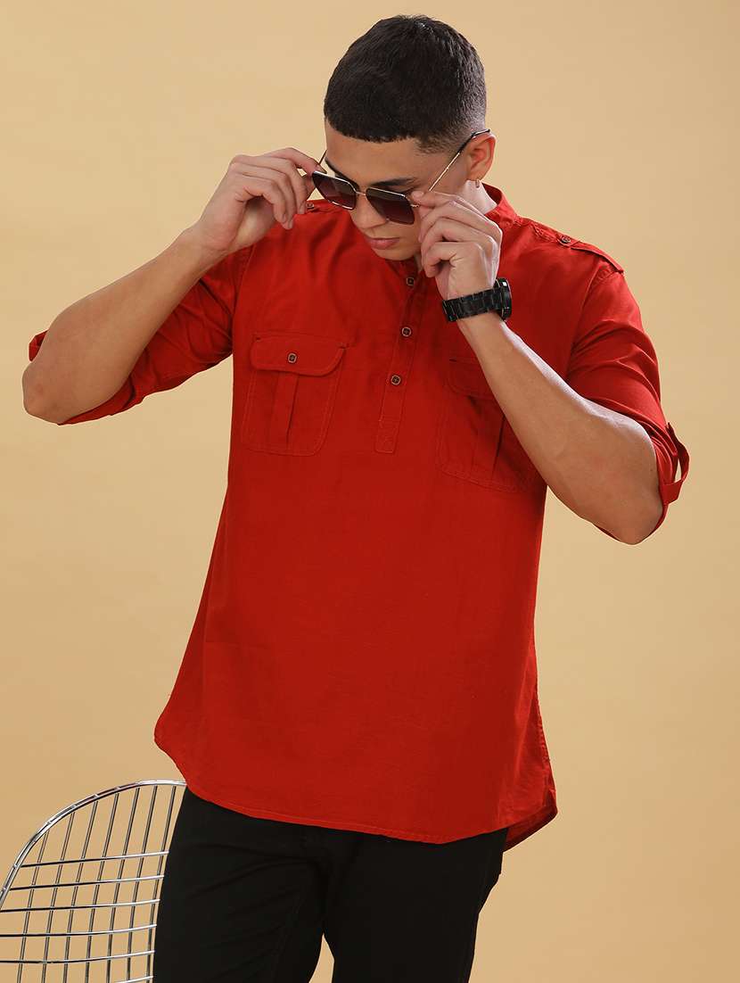 men solid mandarin neck short pathani kurta