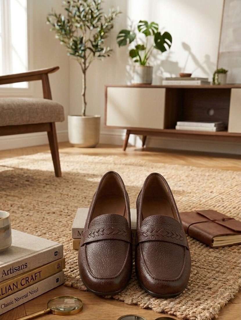 women brown slip on loafer