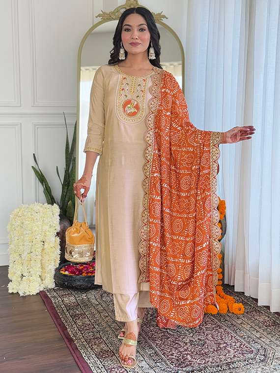 women beige kurta pant set