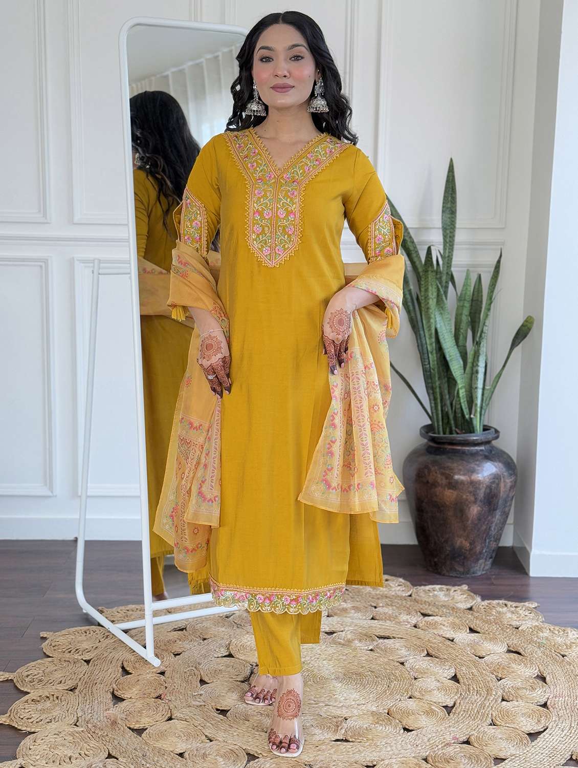 women mustard self design  kurta pant set - 22451854 -  Standard Image - 3