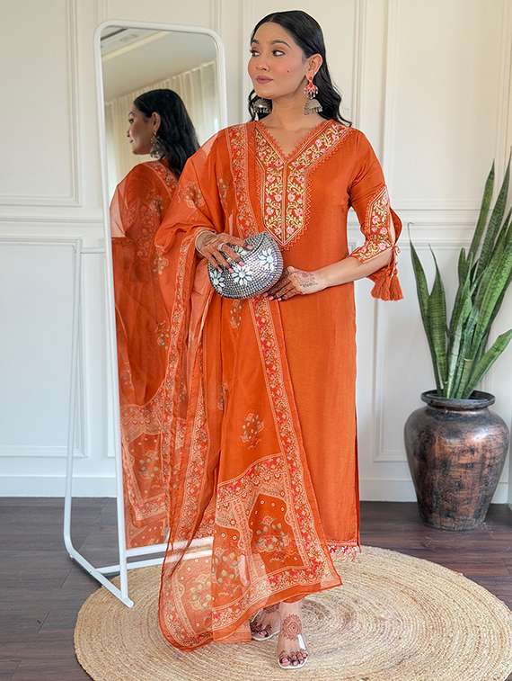 women rust self design kurta pant set - 22451856 -  Standard Image - 3