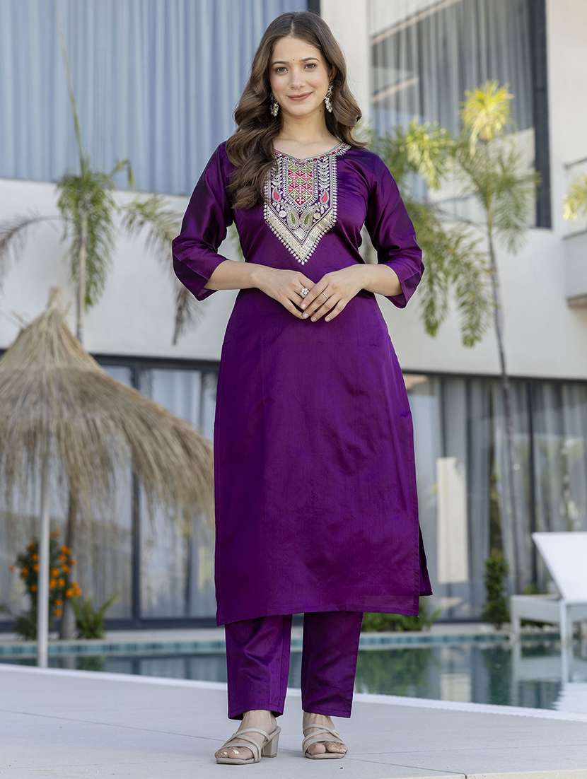 women purple self design  kurta pant set - 22451872 -  Standard Image - 5
