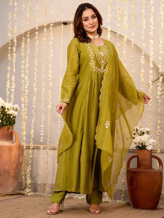 women olive kurta pant set - 22451879 -  Standard Image - 3