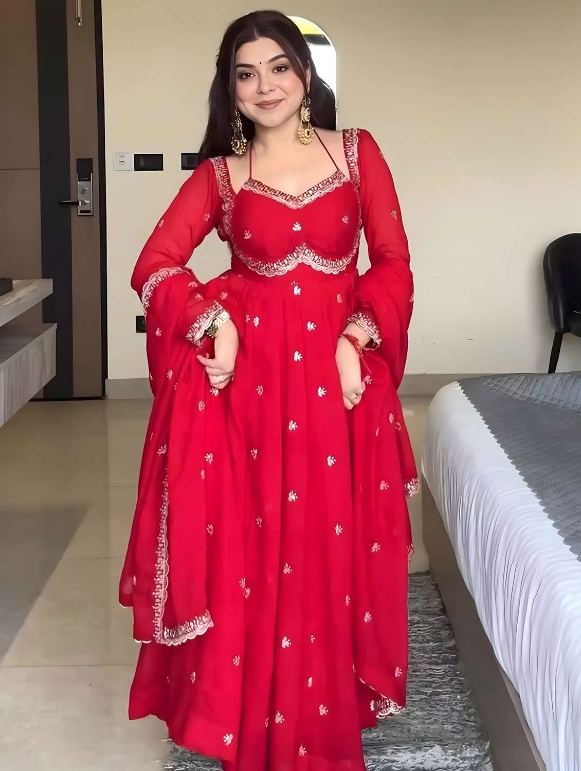women red  self design anarkali sets set