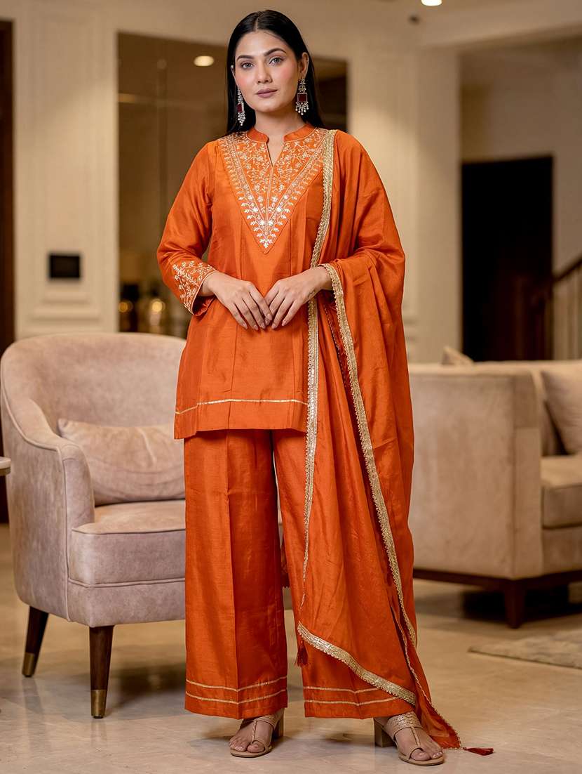women orange self design  kurta pant set