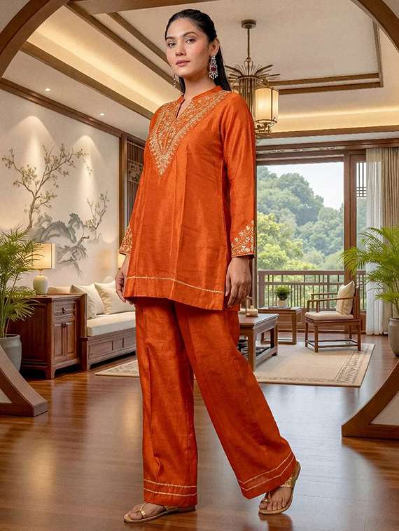 women orange self design  kurta pant set - 22451892 -  Standard Image - 5