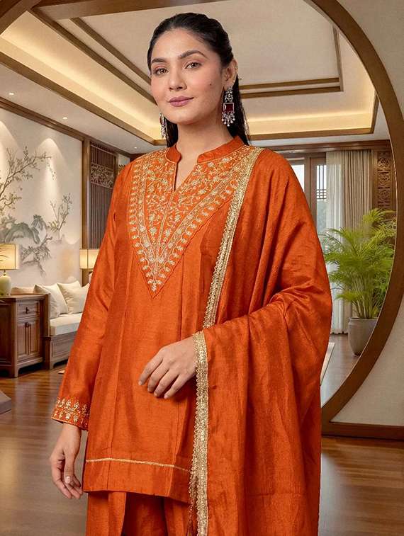 women orange self design  kurta pant set - 22451892 -  Standard Image - 8