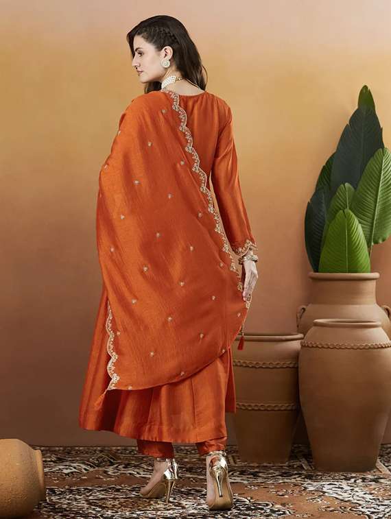 women rust self design  kurta pant set - 22451901 -  Standard Image - 3