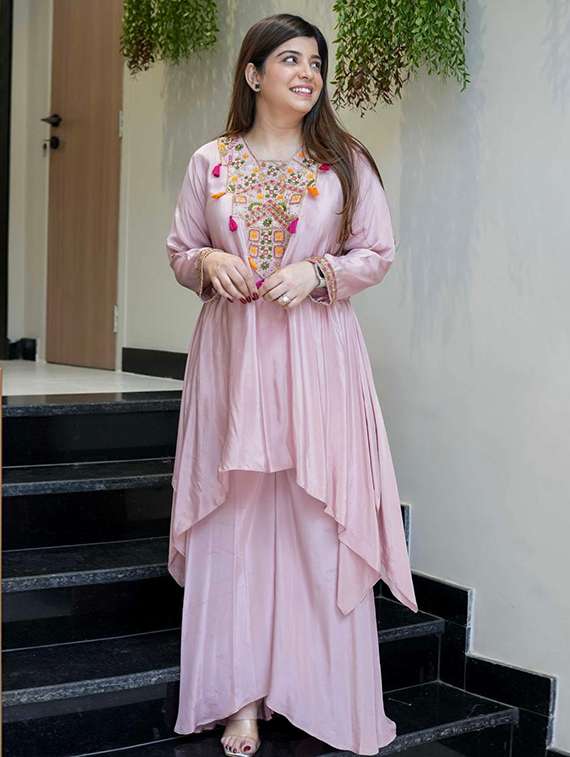 women pink self design  kurta palazzo set set