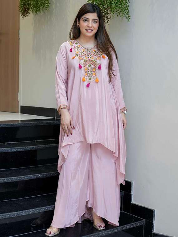 women pink self design  kurta palazzo set set - 22451905 -  Standard Image - 3