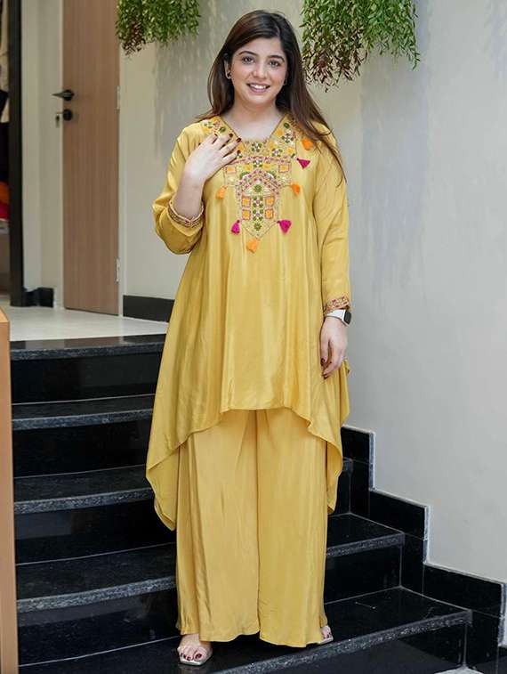 women yellow self design  kurta palazzo set set