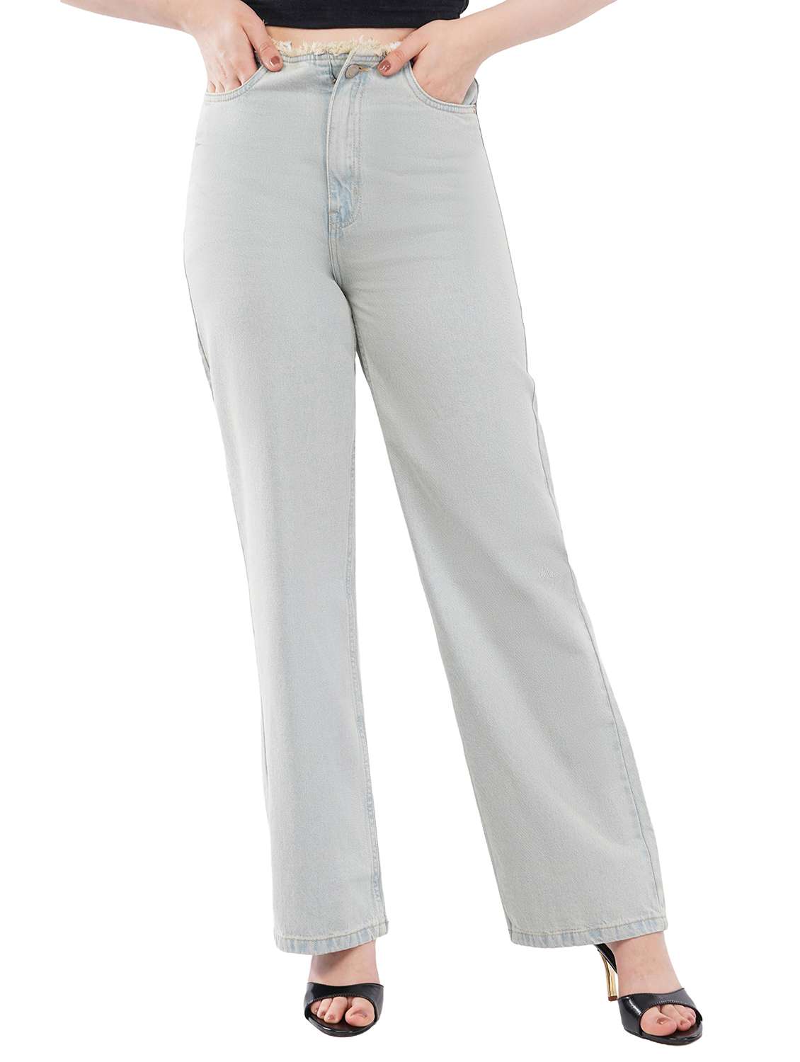 women solid high rise straight jean
