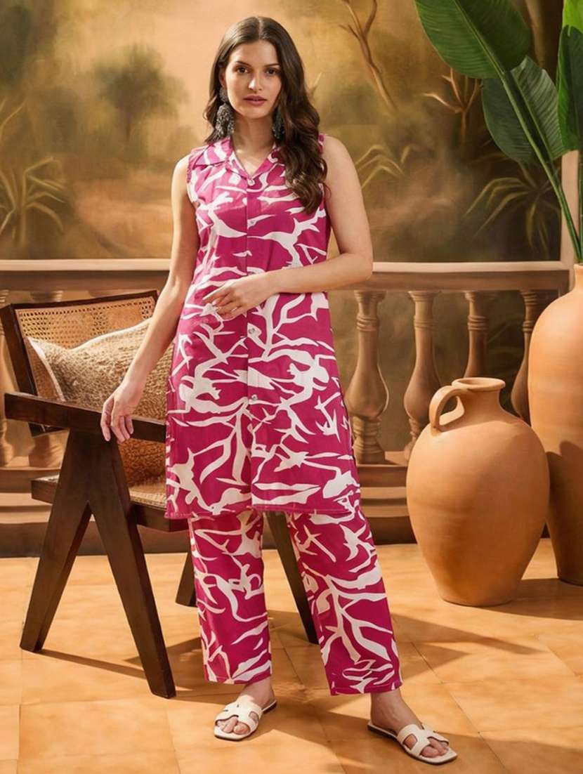 women printed sleeveless ethnic co-ord set