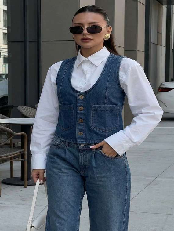 women solid scoop neck denim vest top
