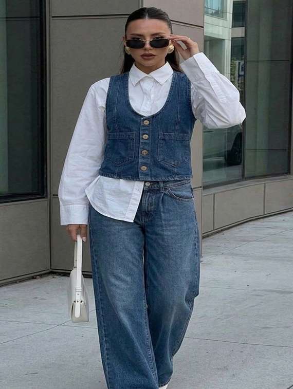 women solid scoop neck denim vest top - 22451994 -  Standard Image - 3