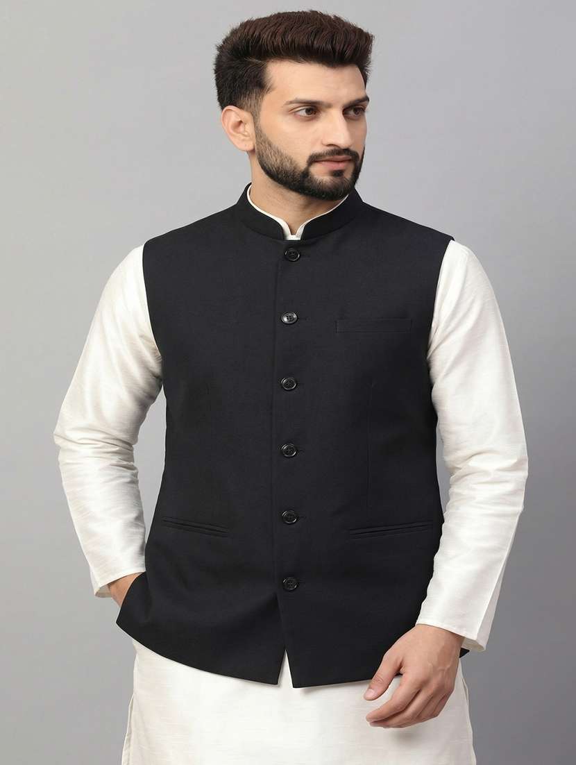 men solid mandarin neck regular fit nehru jacket