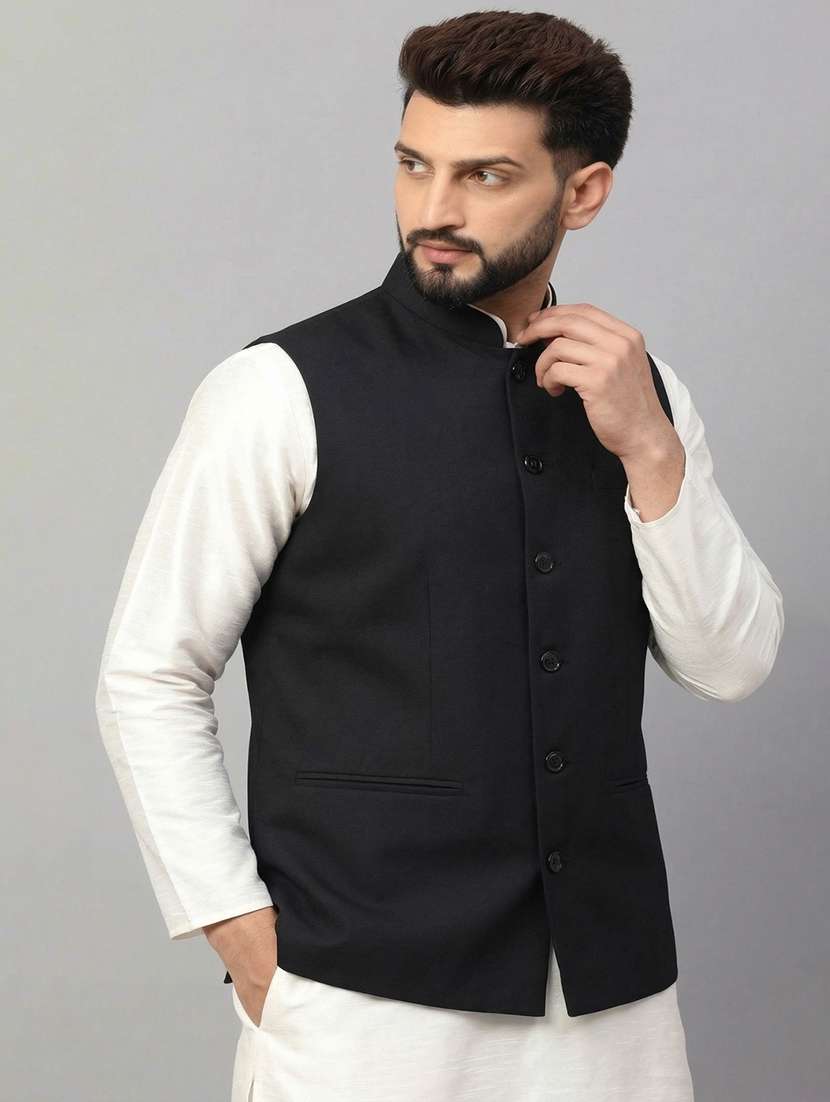 men solid mandarin neck regular fit nehru jacket - 22452000 -  Standard Image - 3