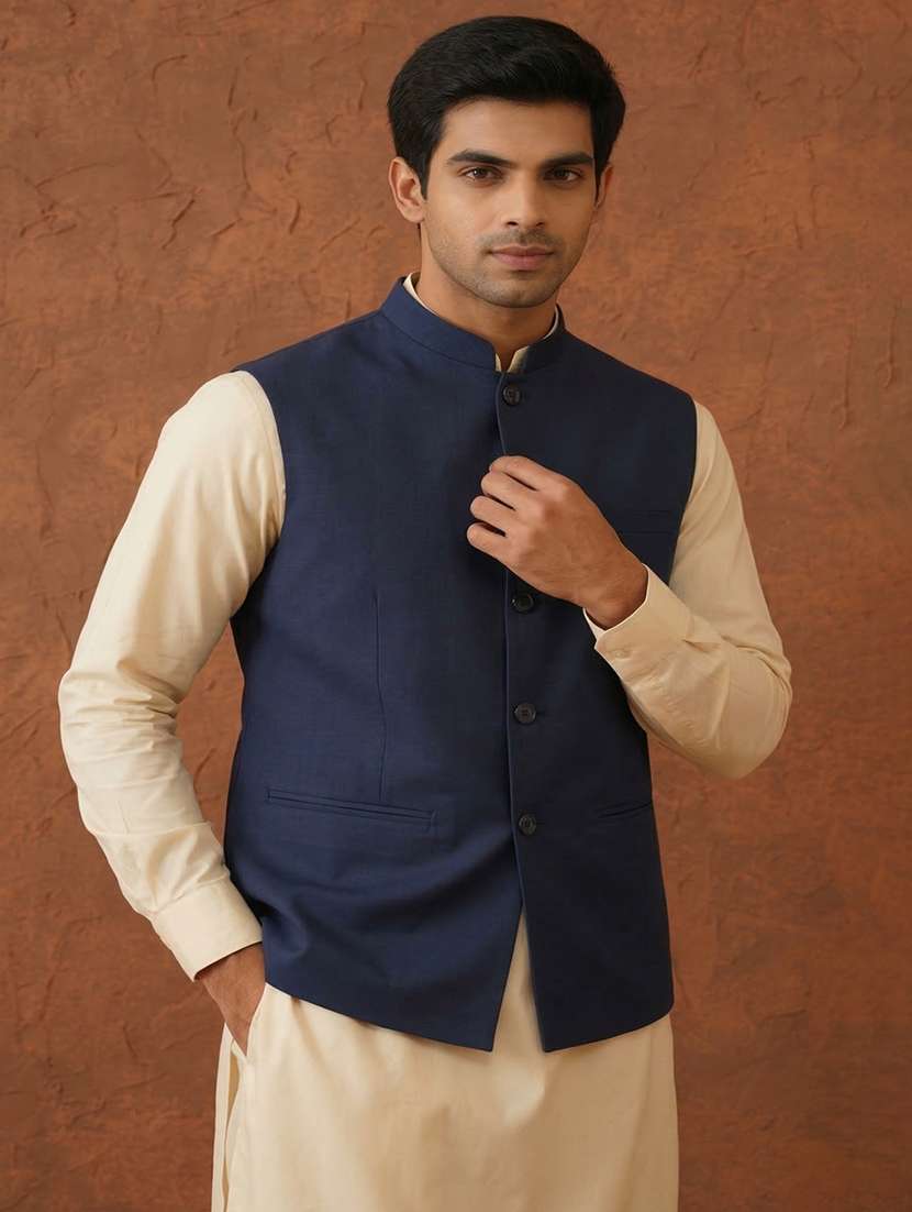 men solid mandarin neck regular fit nehru jacket