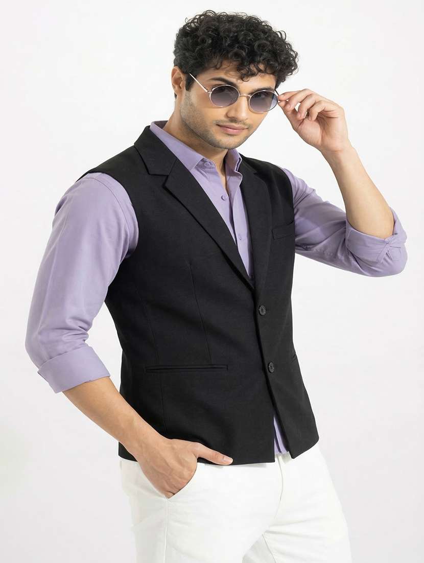men solid lapel collar waist coat - 22452002 -  Standard Image - 3